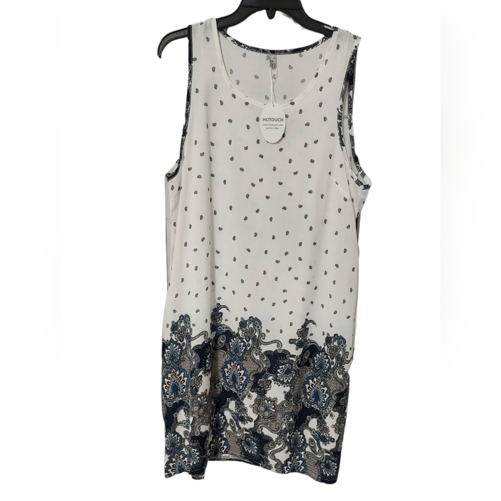 New Hotouch Sleeveless White A-Line Dress With Teal Paisley Design sz Medium